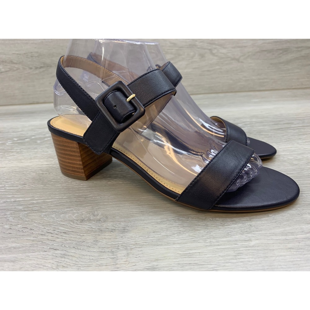 Talbots Navy Blue Leather Block Heel Sandals Adjustable Ankle Strap Size 8